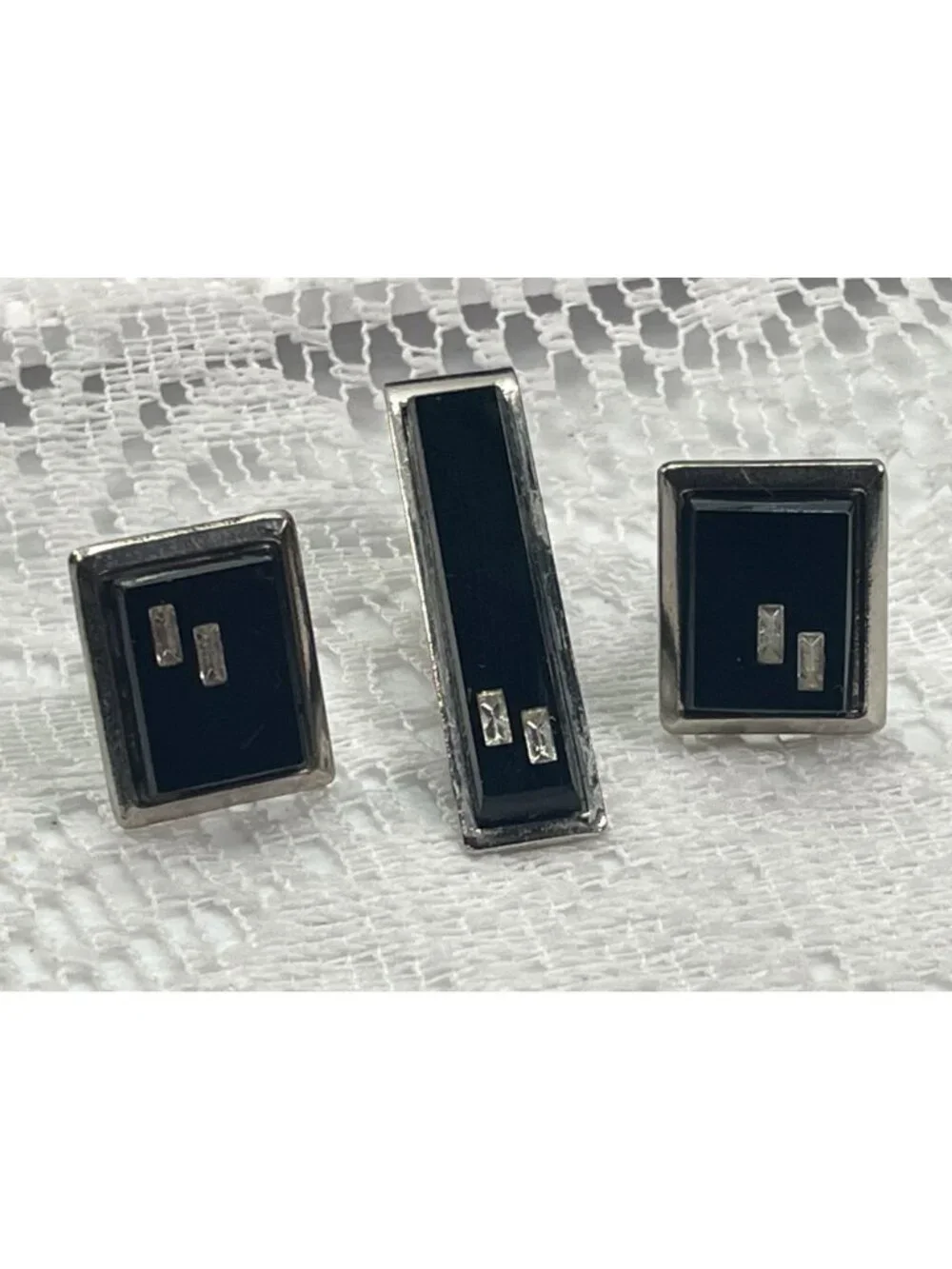 Set of 3 Men's Black Vintage cuff links and Tie clip set.